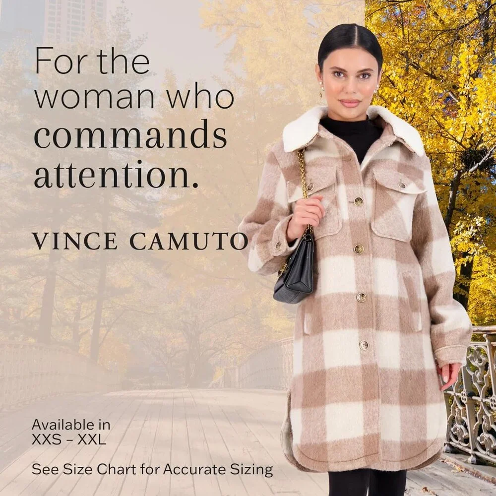 ✨Women Cream Fleece Collar Front Button Closures Shacket Long Plaid Coat Jacket - Picture 6 of 7